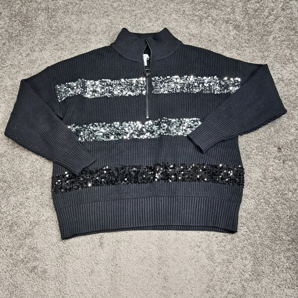 Nine West Womens Black Sequin Ribbed Quarter Zip Sweater Mock Neck Large 7207